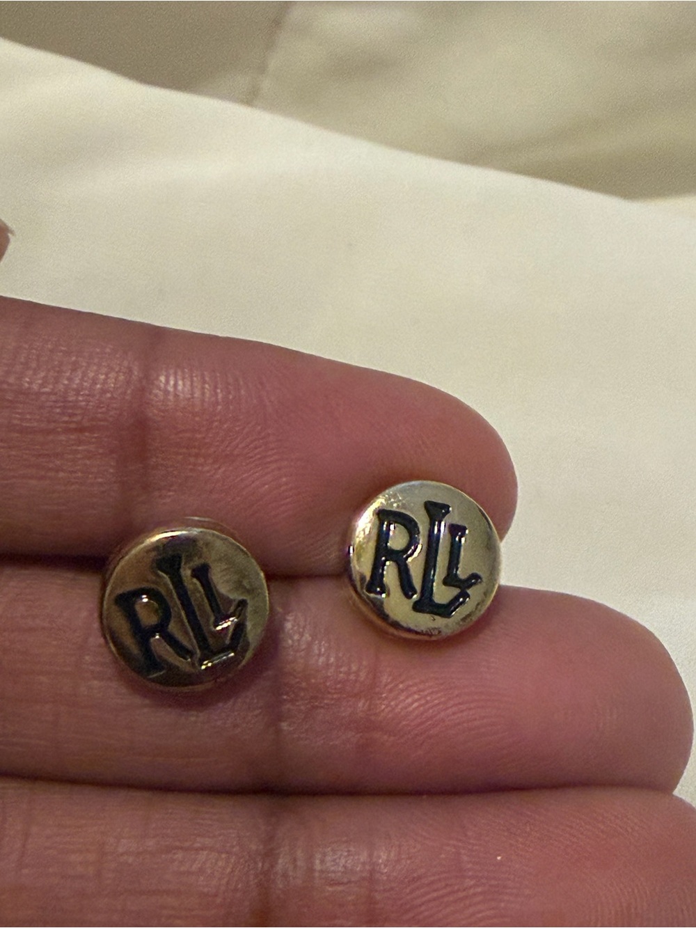 Ralph Lauren Gold and Black 'RL' Round Logo Stud Earrings